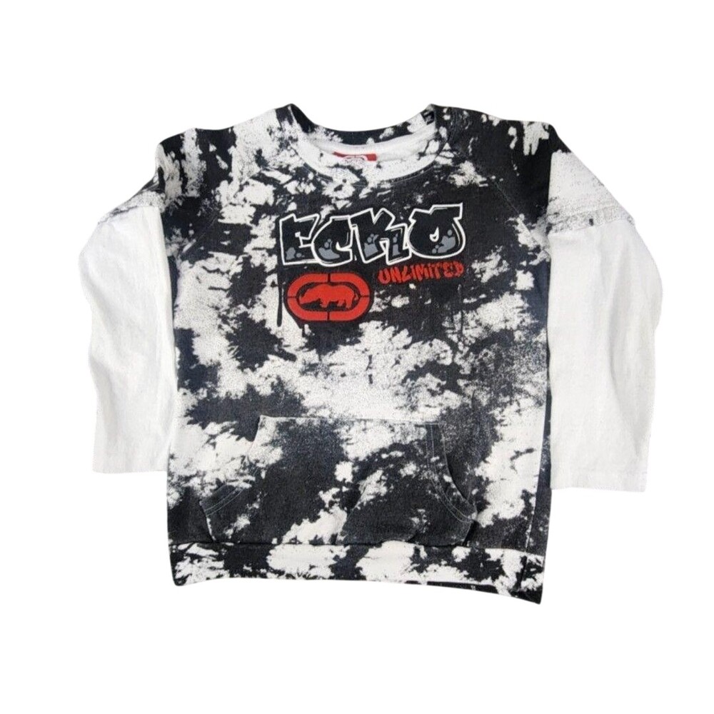 Ecko Unltd. Sweatshirt Boys 7 Black White Tie Dye Layered Sleeve Rhino